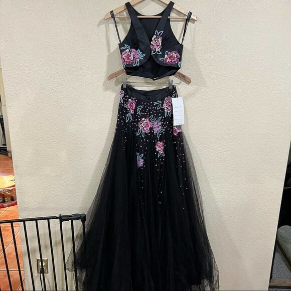 Rachel Allan 7511 floral black tulle high neckline two piece prom dress NEW 0 - Picture 7 of 12